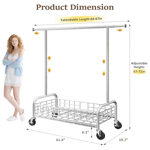 Raybee heavy duty clothes rack with wheels, 485LBS, Bottom Storage Basket - color: Chrome, style: Single Rod