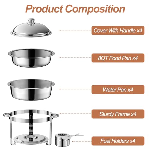 4 Pack 8QT Round Chafing Dish for Buffet Set with Lids, Silver - color: Silver-04