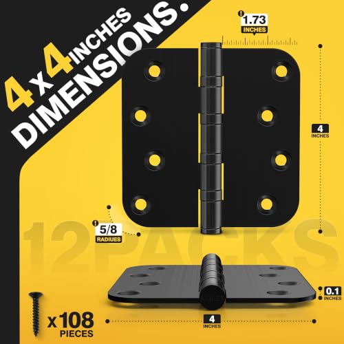 KOLET 4 Inch Black Ball Bearing Door Hinges 5/8'' Radius 12 Pack - color: Matte Black, size: 12 Packs