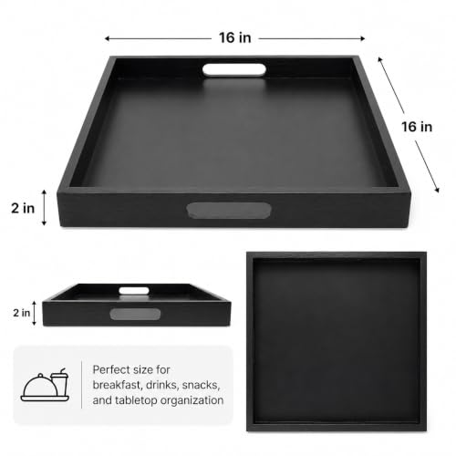 Square Wood Serving Tray with Handle, Ottoman Decorative for Home, 16x16 inches Black