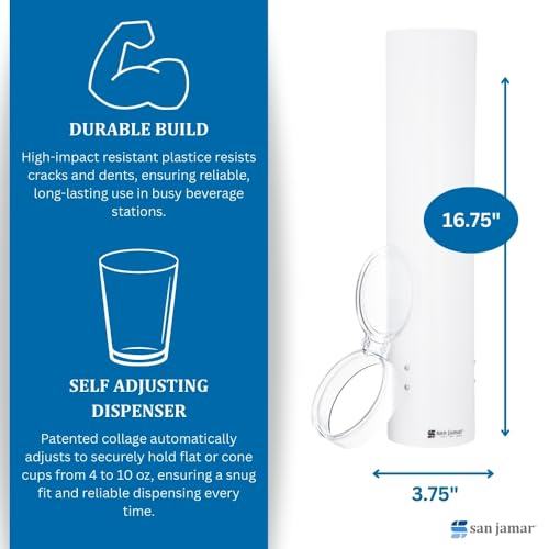 San Jamar 16-Inch Pull-Type Cup Dispenser for 4-10 oz Flat/Cone Cups, White - color: White