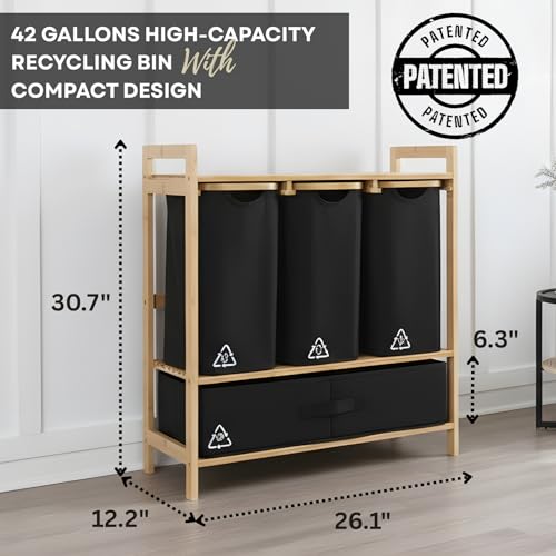 4 Section Recycling Bin for Kitchen – Dual Trash and Recycle Bins for Paper, Plastic, Cans – Indoor Bamboo Recycling Organizer – Decorative Wooden Recycle Bins for Kitchen & Office - color: Black