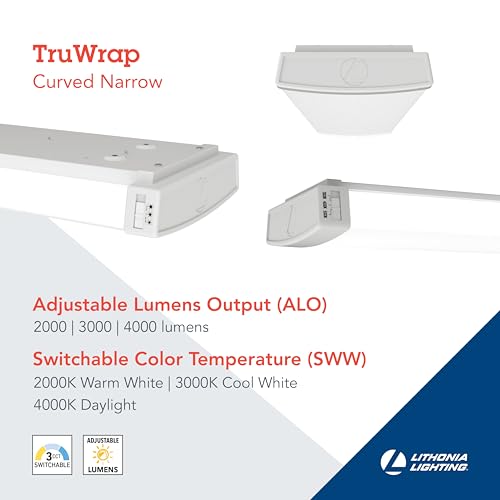 Lithonia Lighting TruWrap 4 Foot LED Ceiling Light Fixture, Low-Profile Wraparound LED Shop Light, Adjustable Lumens, Selectable Warm White/Cool White/Daylight Color, Curved Diffuser, Narrow Width - size: Narrow, style: Curved