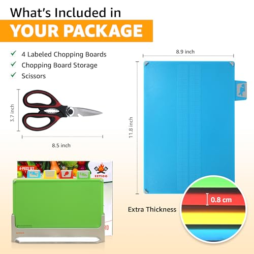 Cutting Board Set 12"L x 9"W: 4-Piece Color-Coded, Non-Slip, BPA-Free, Perfect kitchen essentials for new home, Dishwasher Safe with Premium Scissors & Chopping Board Organizer, Quality kitchen stuff. - color: Blue, Yellow, Red, Green