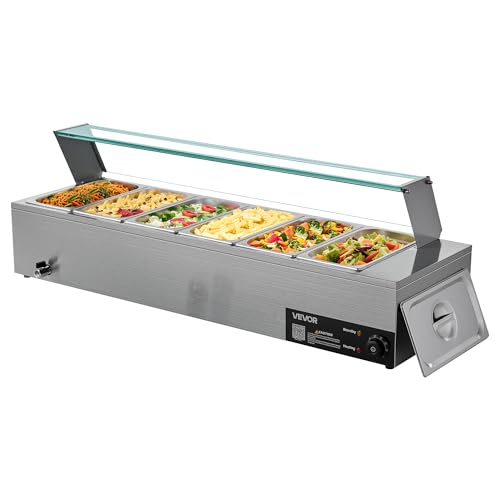 VEVOR Commercial Food Warmer, 1500W Electric Stainless Steel Steam Food Warmer with Glass Cover, 6 x 1/3 Size Pans Buffet Bain Marie with Soup & Perforated Ladles, for Catering, Restaurant & Party - size: 6x1/3Pan