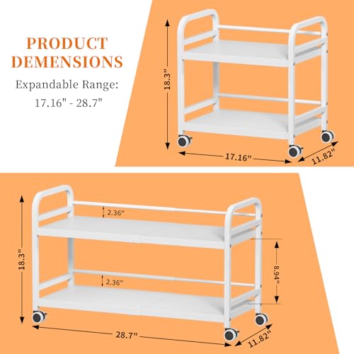 2-Tier Expandable Rolling Cart, Pantry Storage Cart with Wheels, Adjustable Rolling Pantry Floor Organizer, Metal Under Desk Cart, Sturdy Can Storage & Snack Organizer for Kitchen Pantry, White - color: White