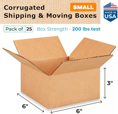 Small Moving & Shipping Boxes 6"L x 6"W x 3"H (25-Pack) - Extra Strength 200 lb vs Regular - Corrugated Moving Box, Made in USA - Small Cardboard Box - Moving Box Heavy Duty by IDL Packaging - size: 6 * 6 * 3" (Small Boxes)