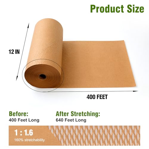 Honeycomb Packing Paper 12" Width X 400 FT for Moving Glass Dishes Recyclable Wrapping Paper Bubble Wrap Packing Material for Shipping Fragile Items Shipping Filler with 20 Fragile Stickers - size: 12"x400'
