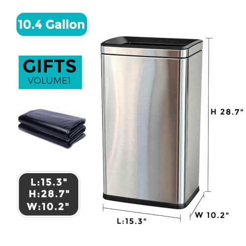 10.4 Gallon Large Metal Kitchen Garbage Can, Stainless Steel Trash Can, Open Top, Tall, Silver Wastebasket for Home Bathroom Hotel Lobby Office (40L Silver) - color: 40Lsilver