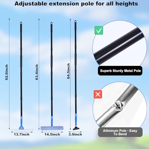 3-in-1 63.4" Professional Window Squeegee Kit with 2 Squeegee, 2 Microfiber Scrubber, 1 Razor Scraper, Thick Iron, Window Squeegee with Extension Pole for Car, Glass, Mirror, Wall, Bathroom, Home, Van - size: 63.4inch