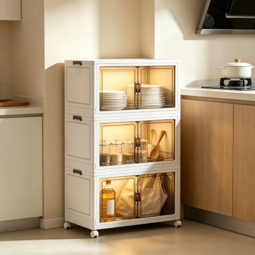 130.65QT Foldable Stackable Storage Bins with Magnetic Doors & Lockable Wheels, 3 Pack Large Plastic Closet Organizer, Tool-Free Storage Box for Bedroom Kitchen Bathroom Dorm Office Garage - size: 3PACK-19.68"W11.81"D33.07"H