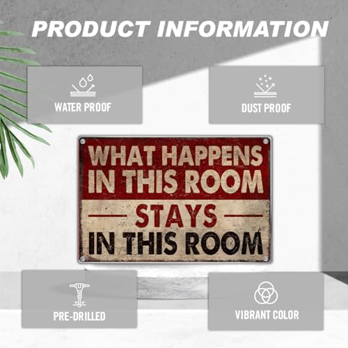 Funny Room Wall Decor Metal Sign What Happens In This Stays Vintage Style 12 x 8 Inch Bedroom Dorm Man Cave Door Decoration For Men And Women Aluminum Art Kitchen - color: Cool For Men