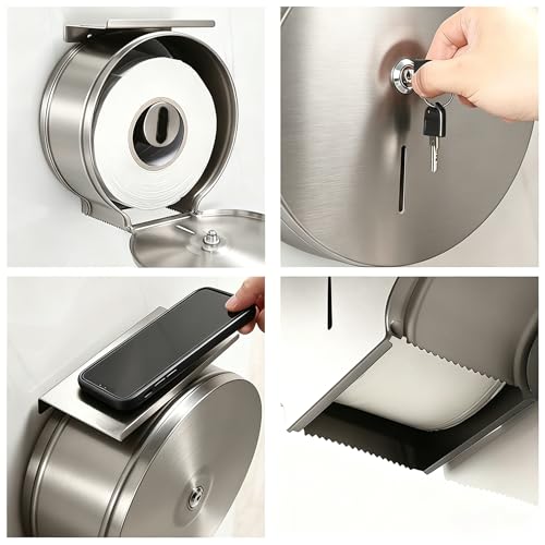 Commercial Jumbo Toilet Paper Dispenser with Shelf, Brushed Stainless Steel Toilet Paper Holder Wall Mount, 9 Inch Bathroom Tissue Roll Dispenser with Lock Key - color: Brushed Silver With Shelf