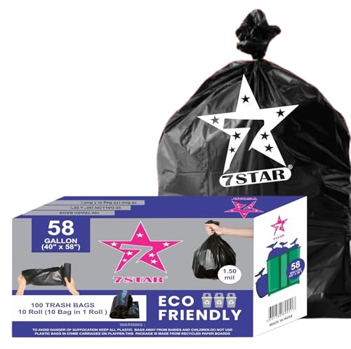 7STAR Contractor Garbage Bags 58 Gallon (40" x 58") – Heavy Duty 1.5 Mil Black Trash Bags – Extra Large Contractor Bags for Construction, Renovation, Yard Waste, and Commercial Use (10)