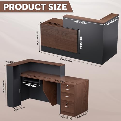 L-Shaped Large Wooden Reception Desk, Modern Front Desk Reception Counter with Lockable Drawers & Storage & Keyboard Tray, for Checkout, Lobby(Left-Walnut/Gray, 71''L x 42''W x 41''H) - color: Walnut+gray, size: Left-71''L x 42''W x 41''H