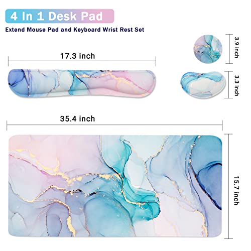 Large Mouse Pad Desk Dad, 4-in-1 Keyboard Wrist Rest Pad & Wrist Support Mouse pad Set, Extended Desk Pad Waterproof Desk Mat for Home Office Study Game-Blue Marble - color: Blue