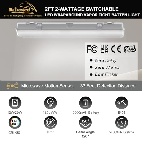 2FT LED Vapor Tight Emergency Light, Battery Backup,Tri-Level Motion Sensor,IP65 IK08, 10W(1250lm)/20W(2500lm), 5000K, Dimmable,Outdoor Waterproof Shop Light,Vapor Proof Light Fixture for Carport,FCC - color: 5000K