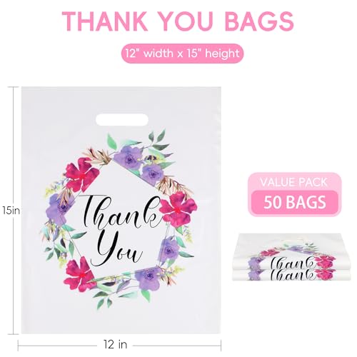 Floral Thank You Bags for Business Small, 50 PCS 12x15 Plastic Bags - color: 50 Pack Floral Thank You Bags