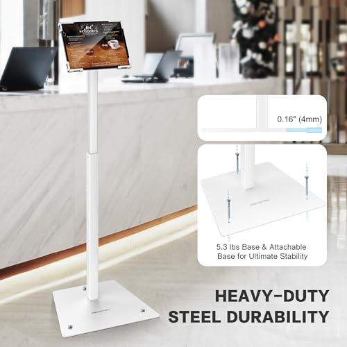 AboveTEK Security iPad Kiosk Floor Stand, Anti-Theft POS Tablet Stands for Retail Business, Height Adjustable Tablet Floor Stand, 360° Swivel Universal Locking Holder Fits 9.7"-13" iPads/iPad Pro/Air - color: White