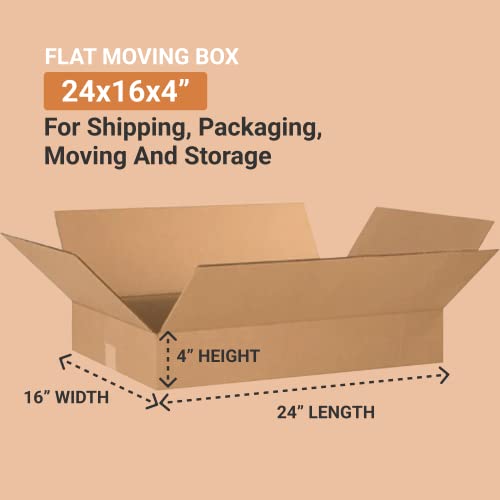 BOX USA 24164 Flat Corrugated Cardboard Box 24" L x 16" W x 4" H, Kraft, For Shipping, Packing and Moving (Pack of 25)