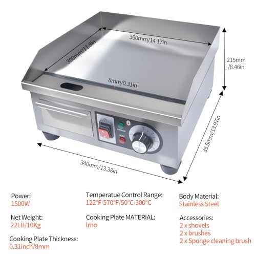 Commercial Electric Griddle, 1500W Countertop Flat Top Grill, 14.2in Stainless Steel Griddle Grill with 2 Shovels and 2 Brushes for Home or Restaurant, 122℉-572 ℉ Adjustable Temp