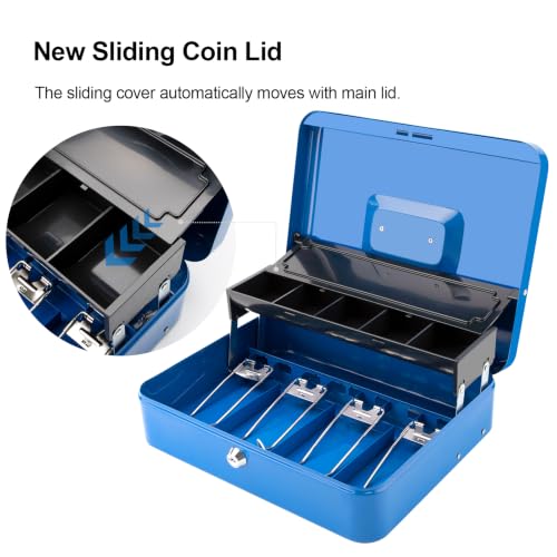 Jssmst Metal Cash Box with Money Tray and Lock, Portable Cash Drawer, 11.8" - color: Blue Key-C