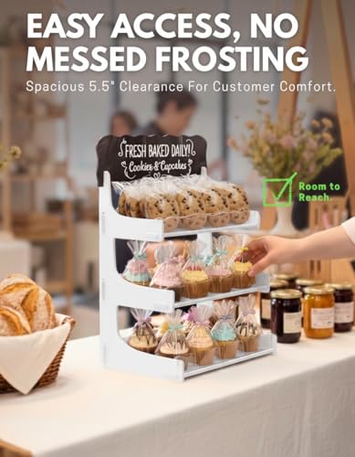 HOTCAN Cookie Display Stand for Bakers & Vendors with Acrylic Front | Wooden Dessert Stand with Chalkboard Sign for Market Booths, Craft Fairs & Events | 3 Tiered Cookie Display for Cupcakes, Muffins & Pastries (White) - color: White, size: 3 Tier