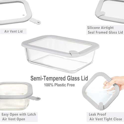 Glass Food Containers with Glass Lid, Microwave Safe Food Storage Container Set, 6 Pack Square Shape, Large Size Airtight Storage Set with Leak Proof Lids, Meal Prep Containers - color: Grey-J6S