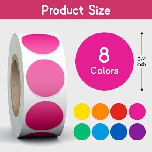 3/4" Colored Dot Stickers, Circle Color Coding Labels, 8 Rolls, 4000 Labels - size: 3/4"