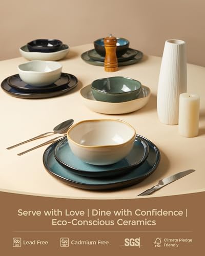 Pokini Stoneware Dinnerware Sets for 4, 16Pcs Ceramic Plates and Bowls Sets - color: Yellow White, size: Set (16pcs)