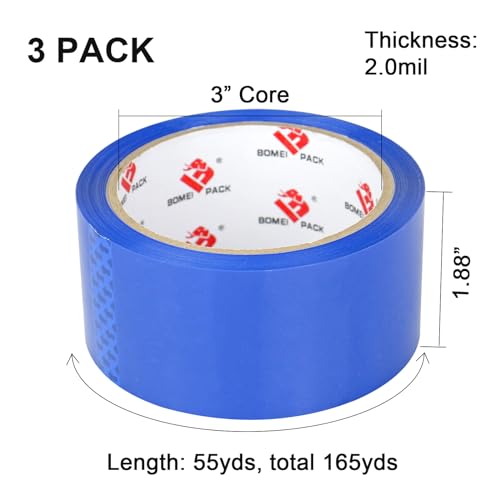 Heavy Duty Packing Tape - 1.88 Inch x 55 Yards, 2 Mil Thick Blue Tape Refills with Dispenser, Ideal for Carton Sealing, Packaging and Moving - color: Blue