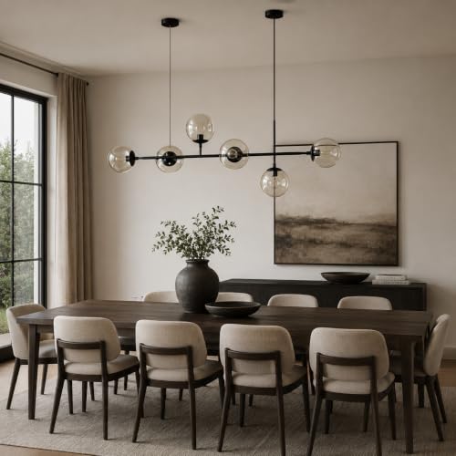 KCO Lighting 6-Light Modern Globe Sputnik Chandelier Mid Century Black Pendant Light Chandelier Dining Room Linear Pendant Lighting Kitchen Island Adjustable Pendant Light Fixtures (Black+Amber) - color: Black