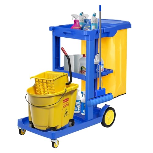 tonchean Commercial Janitorial Cart, 3-Shelf Housekeeping Cart with 22 Gallon Vinyl Bag & Cover, Large Cleaning Cart with Wheels for Hotel, Store, School, Office