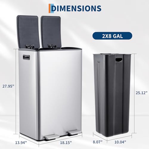 Garvee 16 Gal Dual Compartments Kitchen Trash Can, Stainless Steel, Silver - color: Silver, size: 30L+30L