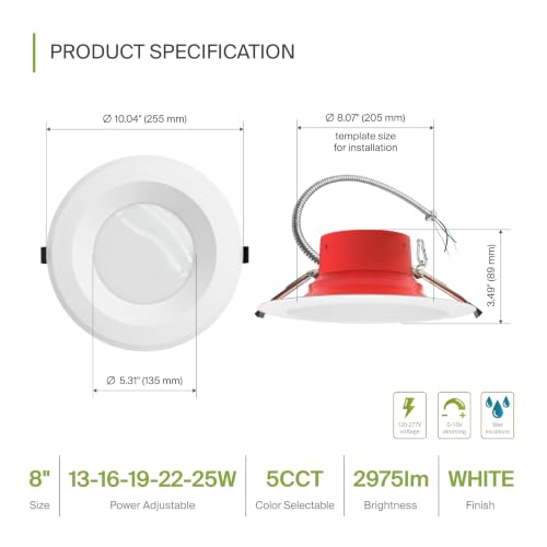 ASD 4 Pack LED Round Fire Rated Commercial Downlight 8 Inch, 13/16/19/22/25W 120-277V 0-10V Dimmable Canless Recessed Lights, 120Lm/W 2975Lm 2700/3000/3500/4000/5000K, White ETL ES T24 - size: 8 Inch