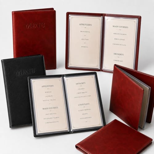 Premium Vegan Leather Menu Cover 8.5 x 11, 4 Page 8 View Menu Folder with Clear Sleeves, Restaurant Menu Holder, Portfolio Binder, Sheet Music Folder, Hotel & Guesthouse Presentation Book - color: Black