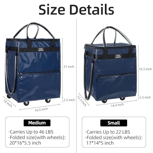 Medium DK Blue Reusable Grocery Bag on Wheels, Folding Rolling Tote - color: Dk Blue, size: Medium