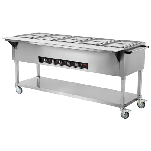 VEVOR 5-Pan Commercial Food Warmer, 5 x 20.6QT Electric Steam Table, 3750W Professional Buffet Catering Food Warmer with 4 Wheels (2 Lockable), Food Grade Stainless Steel Server for Party Restaurant - size: 5-Pan (103 QT)