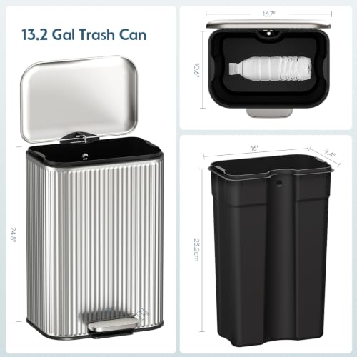 Arlopu Kitchen Trash can, Stainless Steel Garbage Can, 13 Gal Garbage Bin - color: Silver