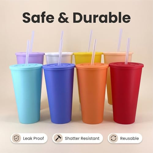24 oz Cup with Lid Straw set of 8, Reusable Plastic Tumbler Vibrant - color: Vibrant