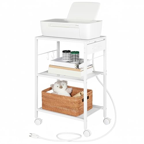 HOOBRO Industrial Printer Stand, 3-Tier Mobile Printer Table, Rolling Cart with Power Outlets and USB Ports, Home Printer Stand with 2 Hooks, for Office, Living Room, White WW22UPS01 - color: White, size: 16.5'' x 11'' x 25.2''