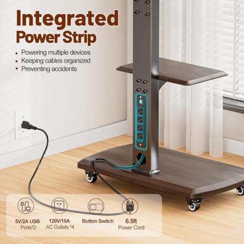 Rolling TV Stand with Power Outlet for 32 to 80 inch TVs, Brown - color: Black