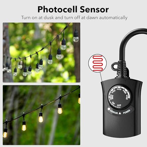 HBN Outdoor Light Timer Waterproof, Weatherproof Photocell Dusk to Dawn Light Sensor,2/4/6/8 Countdown Timer, 1 Grounded Outlet for Christmas Lights,Hallowen Deceration,1875W 15A 1/2HP (Pack of 3) - size: 1 Outlet (Pack of 3)