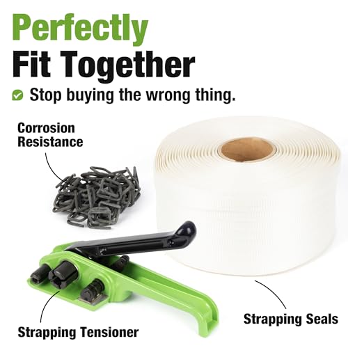 U.S. Solid Manual Banding Strapping Kit, 3/4" x 985' Woven Cord Strapping with Heavy Duty Tensioner & 200pcs Phosphated Metal Buckles, All-in-One Pallet Packaging Tool for Crating, Lumber & Cargo - color: white