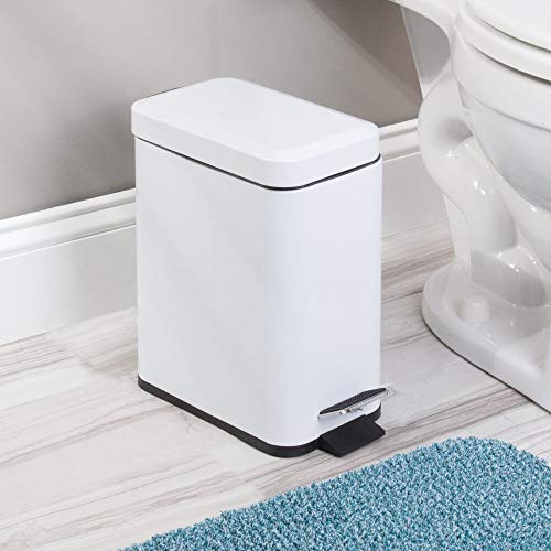 mDesign 5 Liter Rectangular Small Steel Step Trash Can Wastebasket, Garbage Container Bin for Bathroom, Powder Room, Bedroom, Kitchen, Craft Room, Office - Removable Liner Bucket, Matte White - color: White, size: 1.3 Gallon