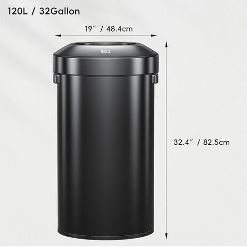 EKO Urban 32 Gallon Round Black Stainless Steel Open Top Waste Bin, Tall Commercial Trash Can for Indoor/Outdoor, Extra Large Metal Garbage Bin for Office, Restaurant, Restroom,120L - color: Matte Black, size: 120 Liter, Round