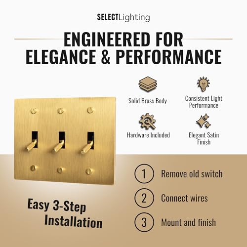 Select 3-Gang Solid Brass Toggle Switch, 3-Way Compatible with Faceplate - color: Satin Brass, size: 3 Gang, style: Toggle Switch