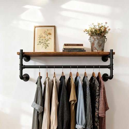 WEBI Wall Mounted Clothes Rack with Shelf,36" Industrial Pipe Clothing Rack with Shelf with Hanging Rod,Heavy Duty Iron Garment Rack Bar,Retail Display Clothes Rod for Laundry Room,Closet,Black - color: Black, size: 36 Inch