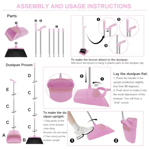 Pink Broom and Dustpan Combo Set, 51" Long Handle Broom with Mini Set - color: Pink, size: Normal