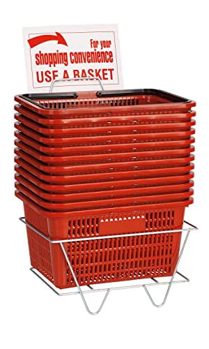 Red Shopping Basket 12 W x 17 L x 8.5 D Inches with Stand and Sign - Set of 12